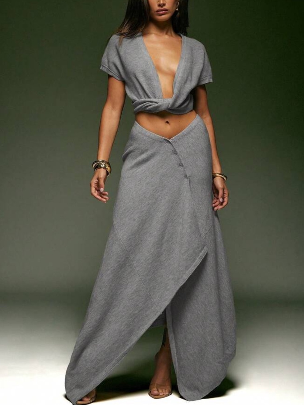 Women's Grey Two-Piece Skirt Set - Modern Wrap Maxi